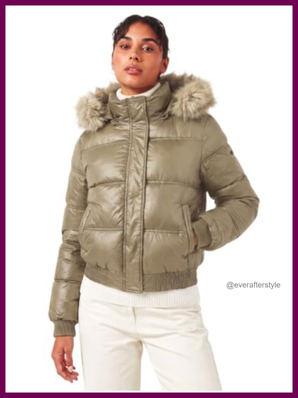 Faux Fur Trim Hooded Puffer Jacket Quilted Zip Up Cropped Coat